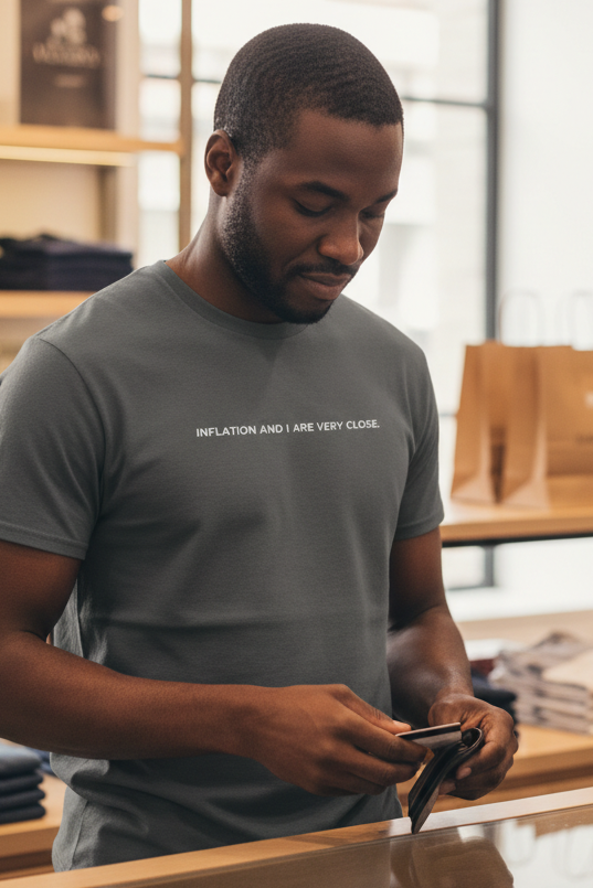African American man shopping wearing INFLATION AND I ARE VERY CLOSE shirt