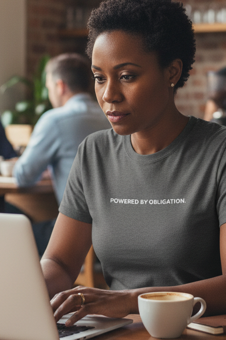 African American woman in coffee shop wearing POWERED BY OBLIGATION shirt