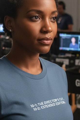 African American woman on film set wearing 10:1 THE DIRECTOR'S CUT shirt