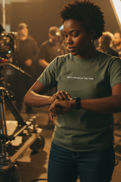 African American woman on film set wearing WE'LL MAKE UP THE TIME shirt