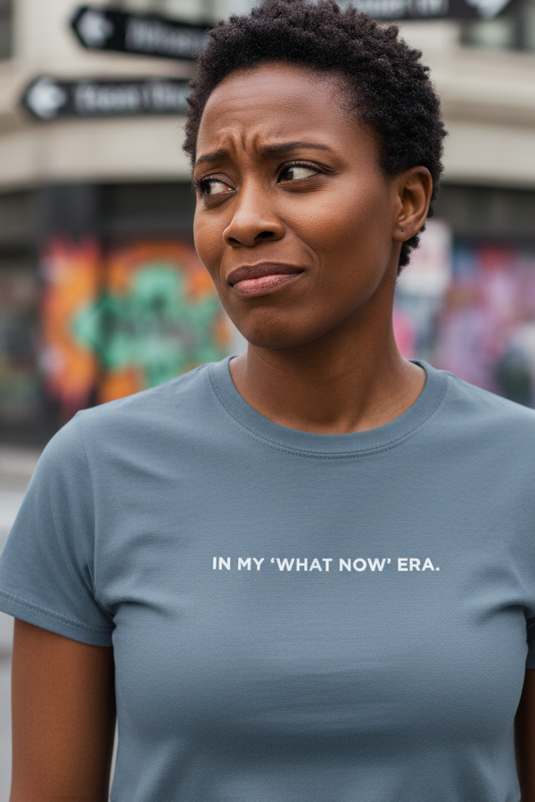 African American woman wearing IN MY WHAT NOW ERA shirt
