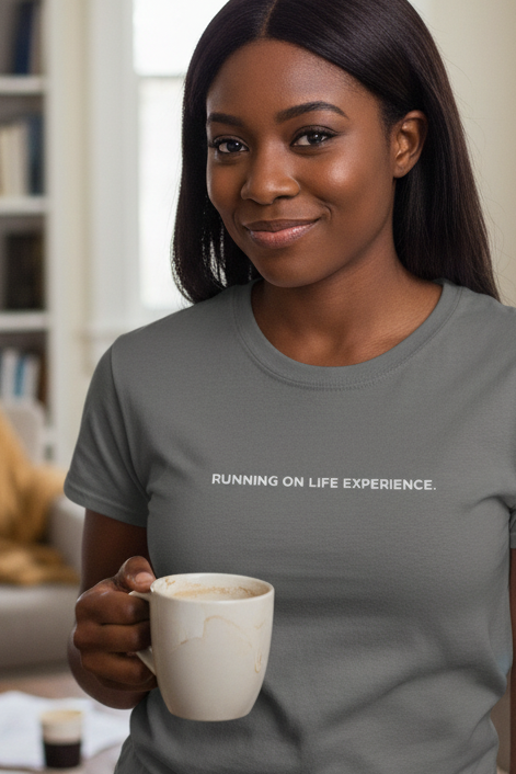 African American woman wearing RUNNING ON LIFE EXPERIENCE shirt