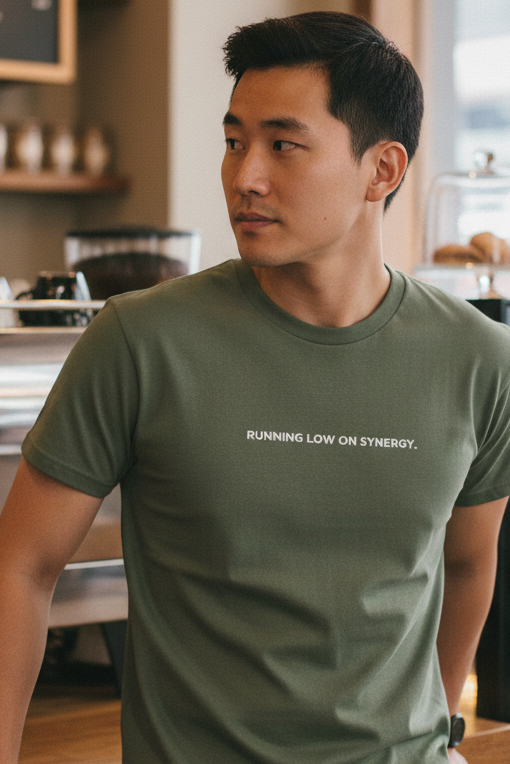 Asian man in coffee shop wearing RUNNING LOW ON SYNERGY shirt