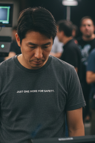 Asian man on film set wearing JUST ONE MORE FOR SAFETY shirt