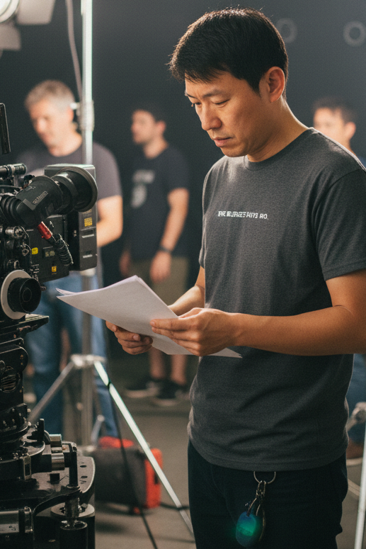 Asian man on film set wearing THE BUDGET SAYS NO shirt