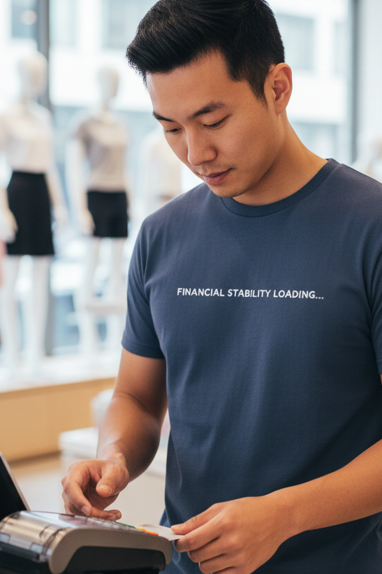 Asian man shopping wearing FINANCIAL STABILITY LOADING shirt
