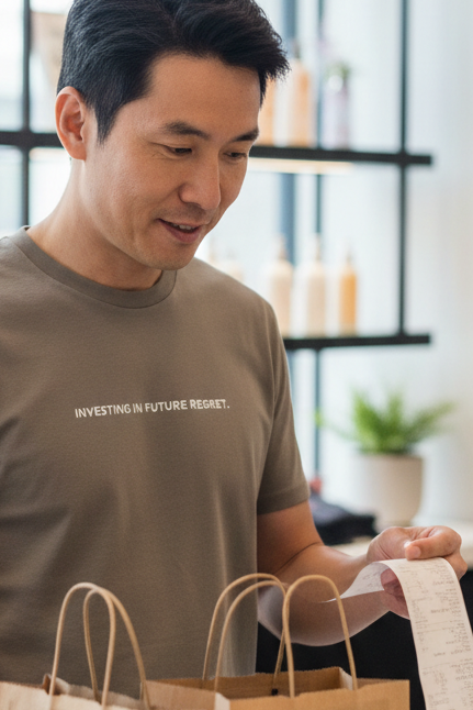 Asian man shopping wearing INVESTING IN FUTURE REGRET shirt