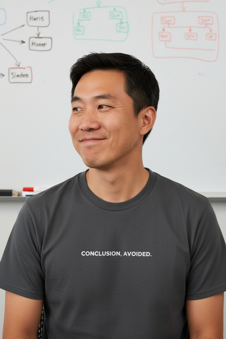 Asian man wearing CONCLUSION AVOIDED shirt