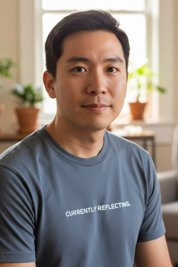 Asian man wearing CURRENTLY REFLECTING shirt