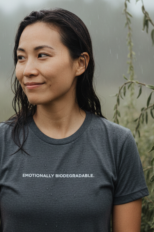 Asian woman wearing EMOTIONALLY BIODEGRADABLE shirt
