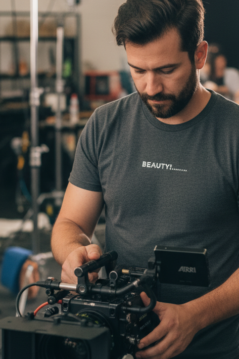 Camera Assistant wearing BEAUTY shirt on film set