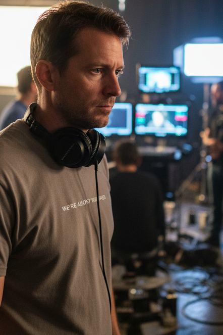 Caucasian man on film set wearing WE'RE ALMOST WRAPPED shirt