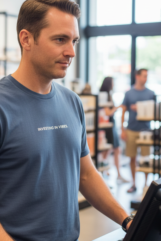 Caucasian man shopping wearing INVESTING IN VIBES shirt