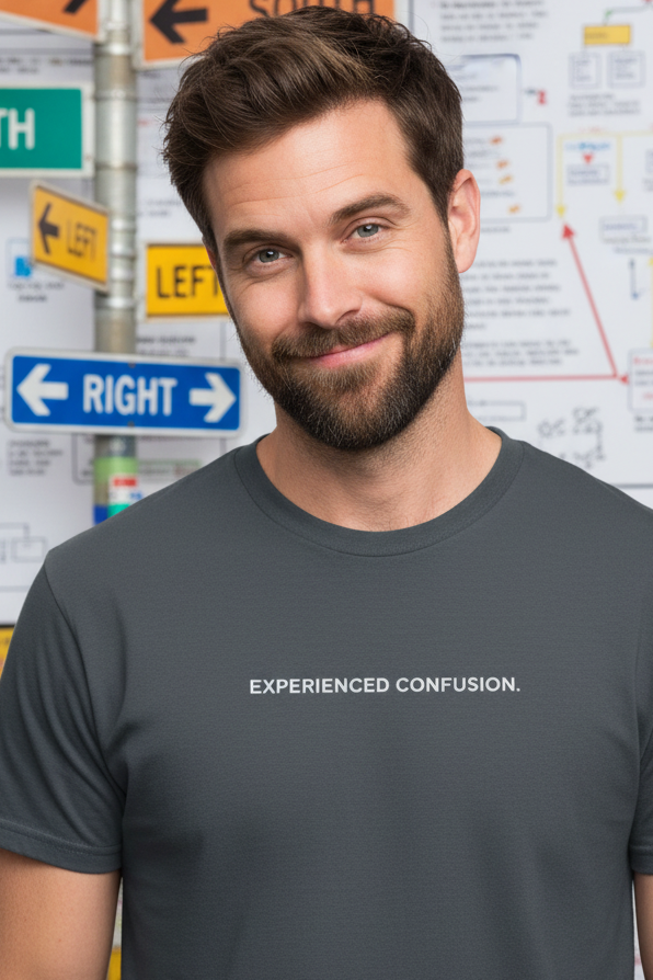 Caucasian man wearing EXPERIENCED CONFUSION shirt