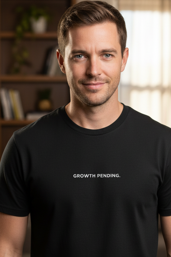 Caucasian man wearing GROWTH PENDING shirt