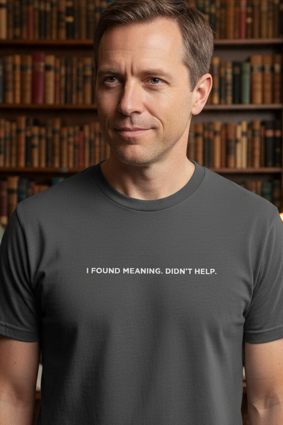 Caucasian man wearing I FOUND MEANING DIDN'T HELP shirt