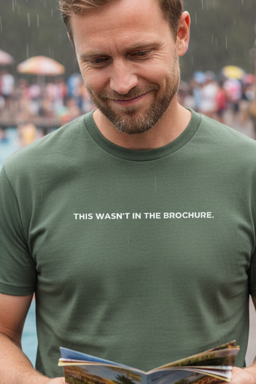 Caucasian man wearing THIS WASN'T IN THE BROCHURE shirt