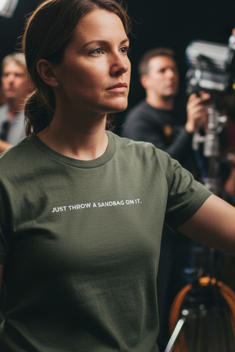 Caucasian woman on film set wearing JUST THROW A SANDBAG ON IT shirt