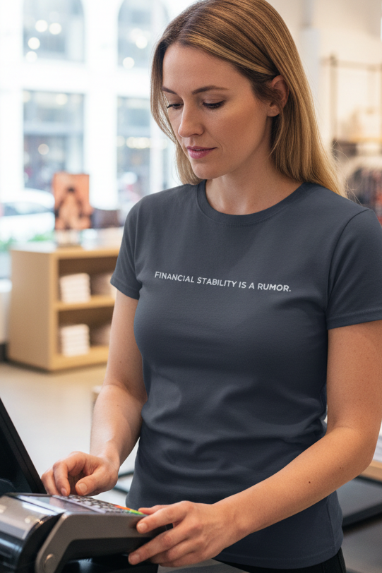 Caucasian woman shopping wearing FINANCIAL STABILITY IS A RUMOR shirt