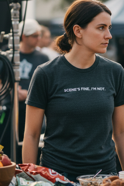 Female character wearing SCENE'S FINE. I'M NOT. shirt at craft service