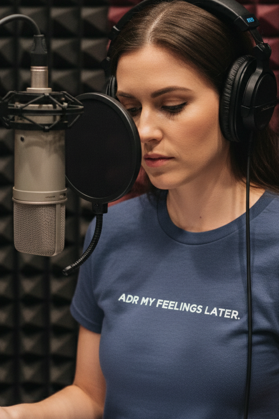 Female voice actor with headphones wearing ADR MY FEELINGS shirt in recording booth
