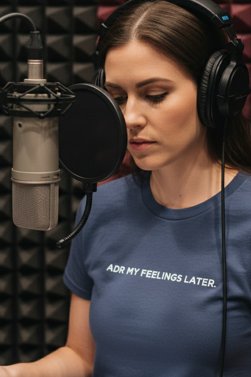 Female voice actor with headphones wearing ADR MY FEELINGS shirt in recording booth