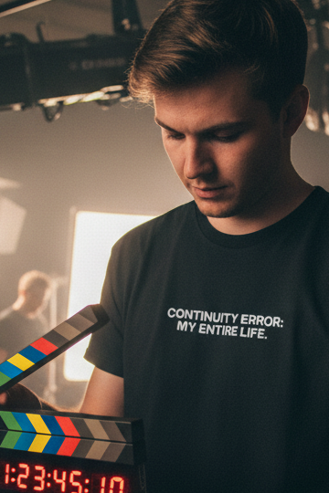 Film crew with exact CONTINUITY ERROR shirt design and LED slate