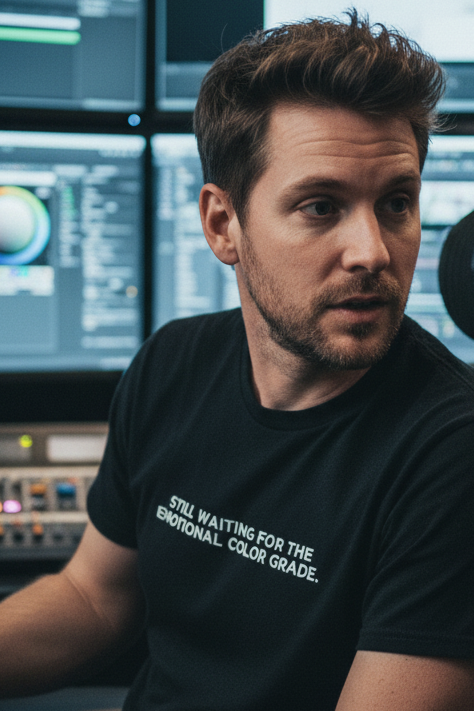 Film editor wearing STILL WAITING FOR THE EMOTIONAL COLOR GRADE shirt speaking to client