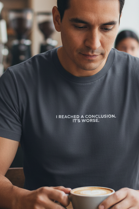Hispanic man in coffee shop wearing I REACHED A CONCLUSION IT'S WORSE shirt