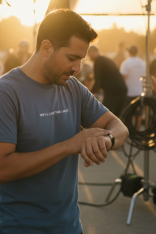 Hispanic man on film set wearing WE'LL LOSE THE LIGHT shirt