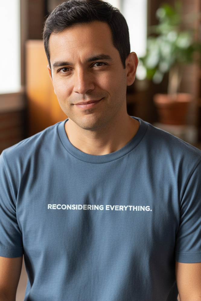 Hispanic man wearing RECONSIDERING EVERYTHING shirt