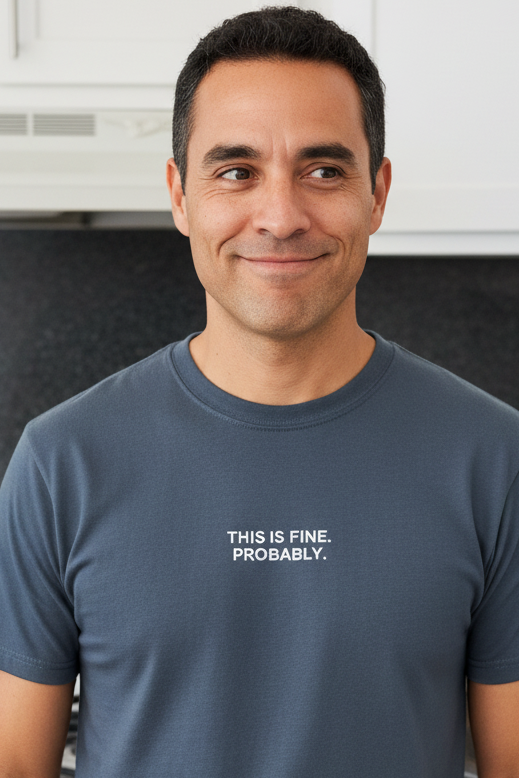 Hispanic man wearing THIS IS FINE PROBABLY shirt