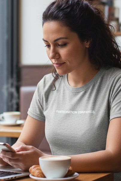 Hispanic woman in coffee shop wearing PARTICIPATION CONFIRMED shirt