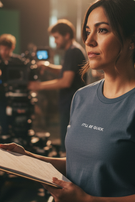 Hispanic woman on film set wearing IT'LL BE QUICK shirt