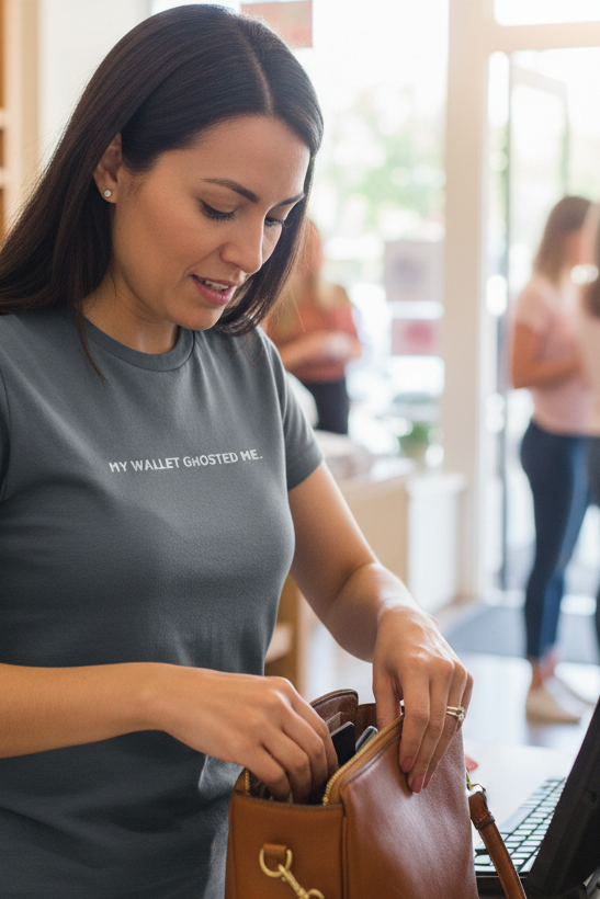 Hispanic woman shopping wearing MY WALLET GHOSTED ME shirt