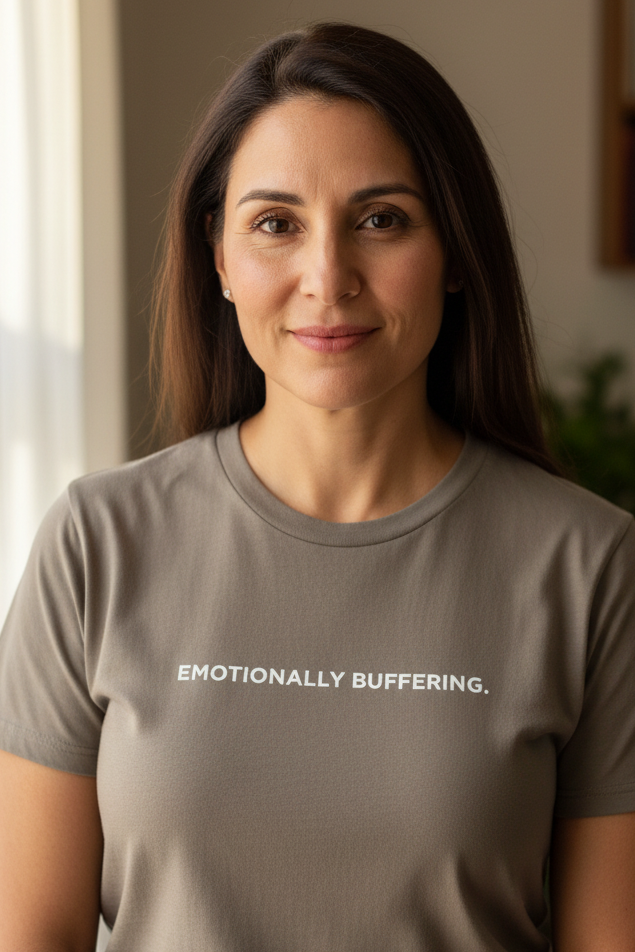 Hispanic woman wearing EMOTIONALLY BUFFERING shirt