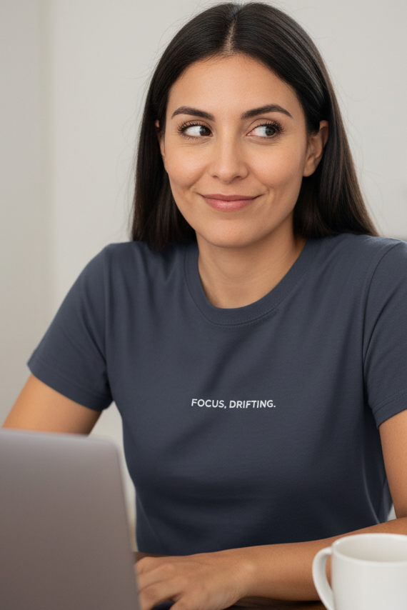 Hispanic woman wearing FOCUS DRIFTING shirt