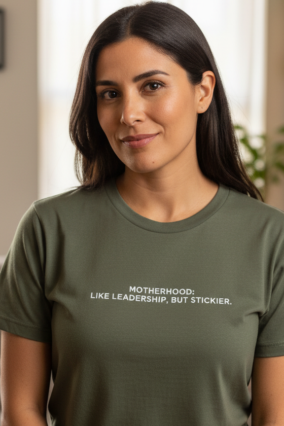 Hispanic woman wearing MOTHERHOOD LIKE LEADERSHIP BUT STICKIER shirt