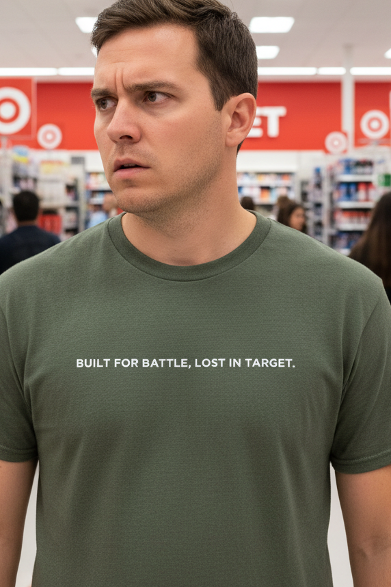 Man in Target store wearing BUILT FOR BATTLE, LOST IN TARGET shirt