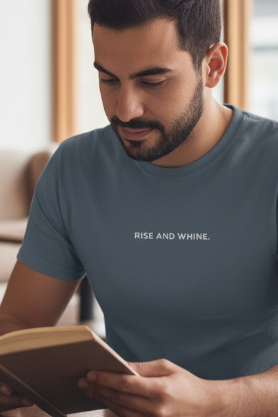 Middle Eastern man in coffee shop wearing RISE AND WHINE shirt