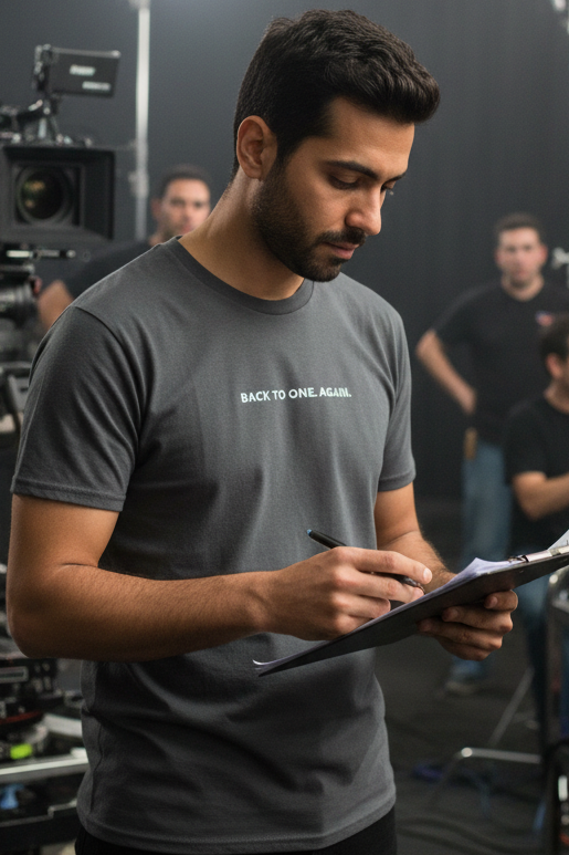 Middle Eastern man on film set wearing BACK TO ONE AGAIN shirt