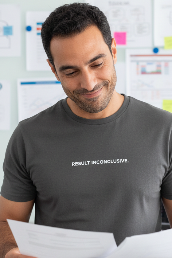 Middle Eastern man wearing RESULT INCONCLUSIVE shirt