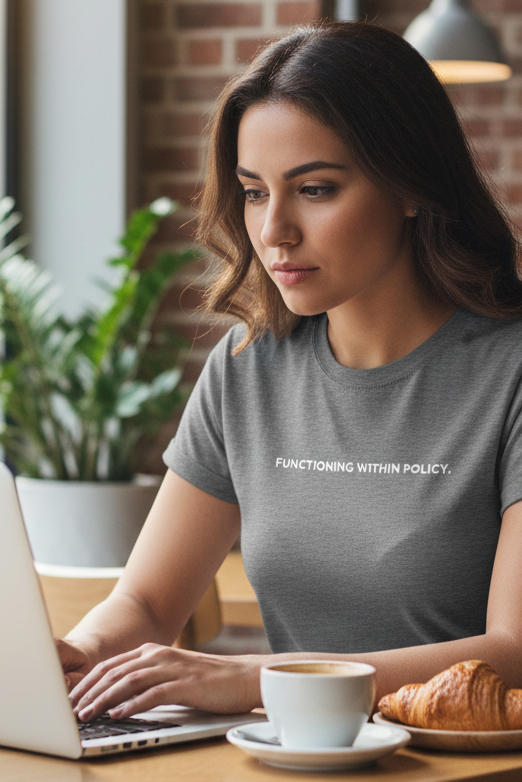 Middle Eastern woman in coffee shop wearing FUNCTIONING WITHIN POLICY shirt