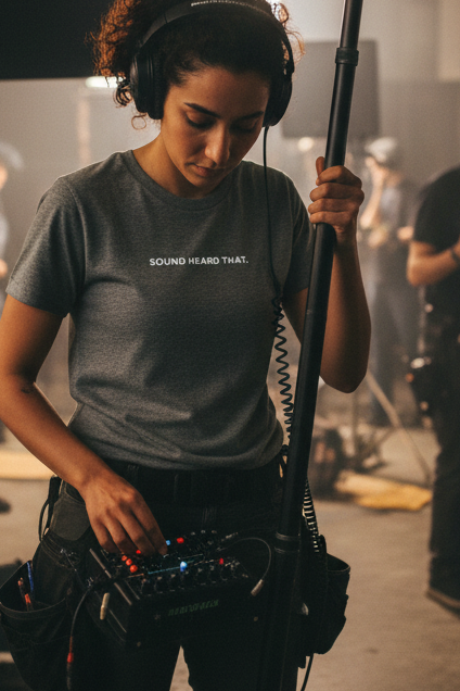 Middle Eastern woman on film set wearing SOUND HEARD THAT shirt