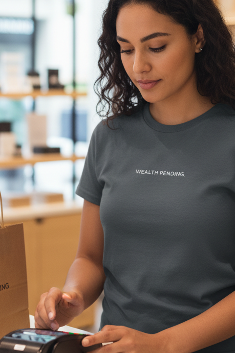 Middle Eastern woman shopping wearing WEALTH PENDING shirt