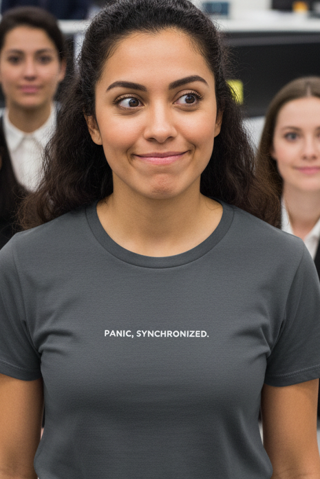 Middle Eastern woman wearing PANIC SYNCHRONIZED shirt