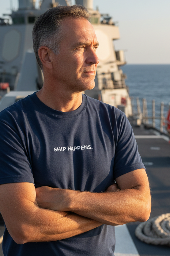 Navy Vet wearing SHIP HAPPENS shirt on ship