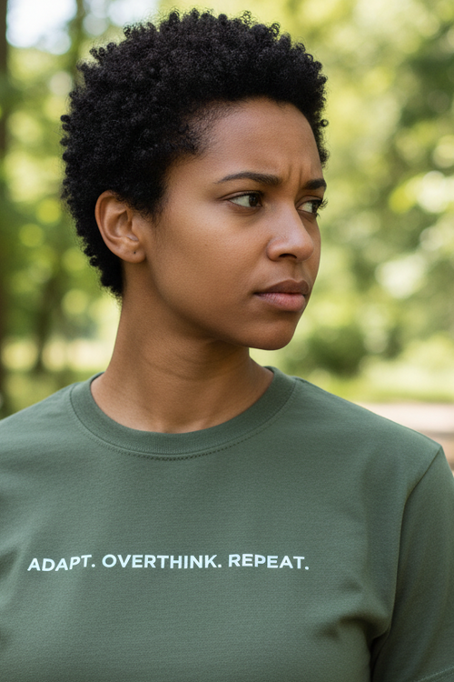 Photorealistic person wearing ADAPT. OVERTHINK. REPEAT. outdoors