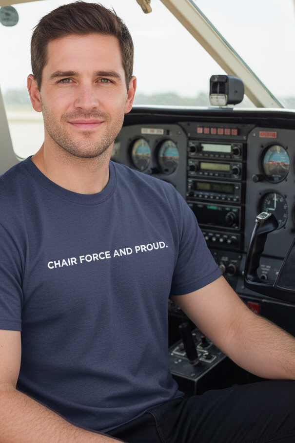 Pilot in Cessna with open door wearing CHAIR FORCE AND PROUD shirt