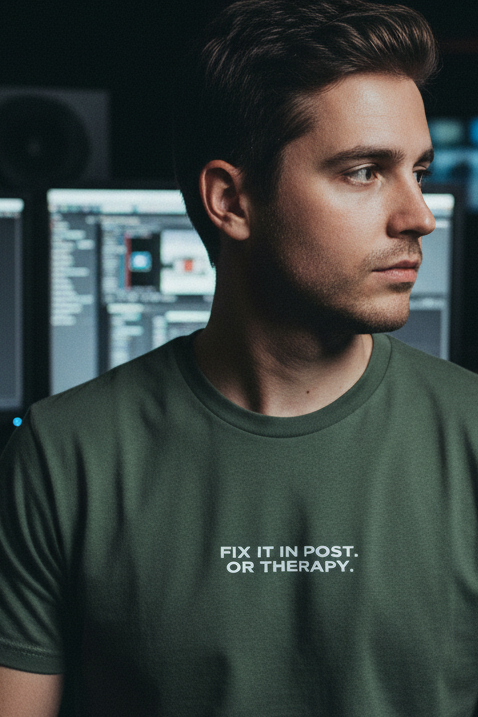 Video editor facing camera squarely in dark edit suite wearing military green FIX IT IN POST OR THERAPY shirt